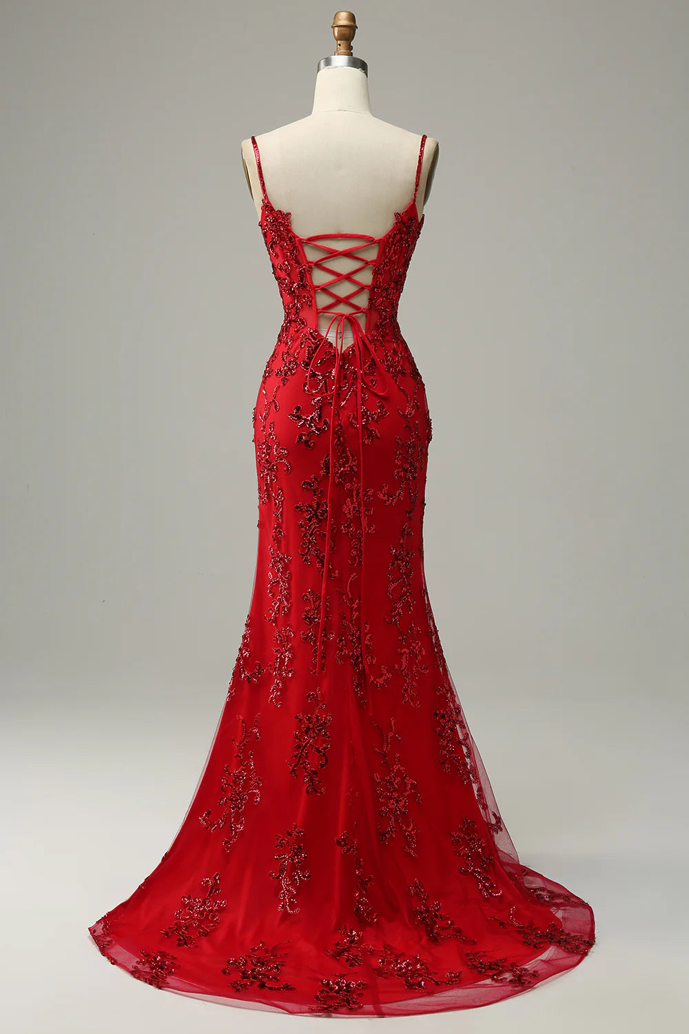 Red Spaghetti Straps Appliques Prom Dress With Slit