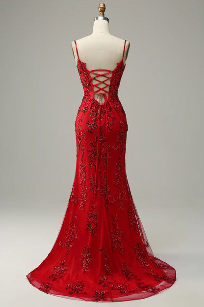 Red Spaghetti Straps Appliques Prom Dress With Slit