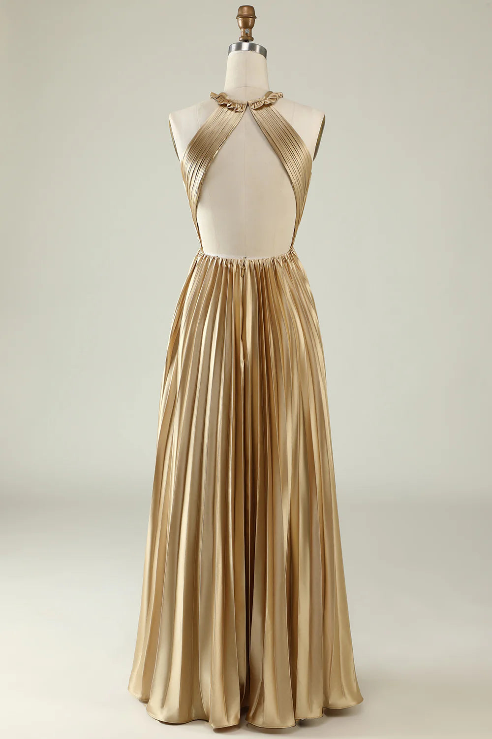 A Line Halter Light Yellow Pleated Long Bridesmaid Dress