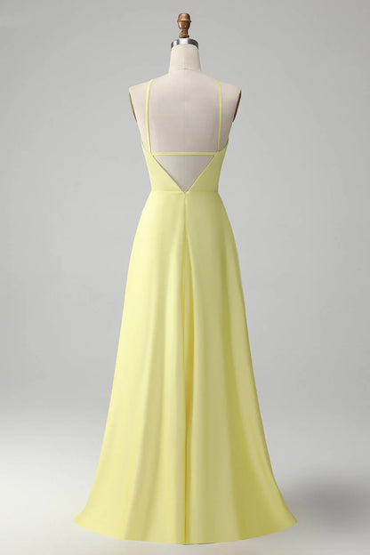 Yellow A Line Halter Cut Out Long Bridesmaid Dress With Flower