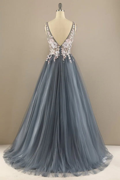 Gorgeous Deep V Neck Grey/Pink Prom Dress With Appliques