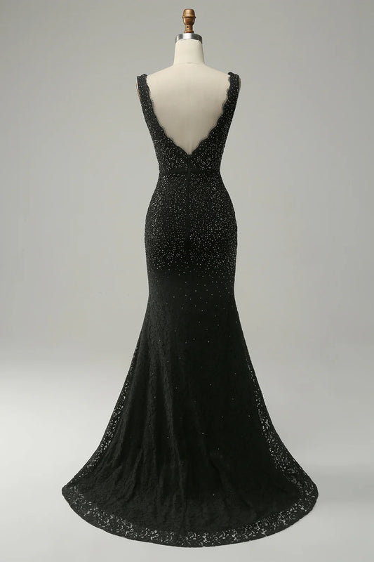 Mermaid Beaded V-Neck Black Prom Dress