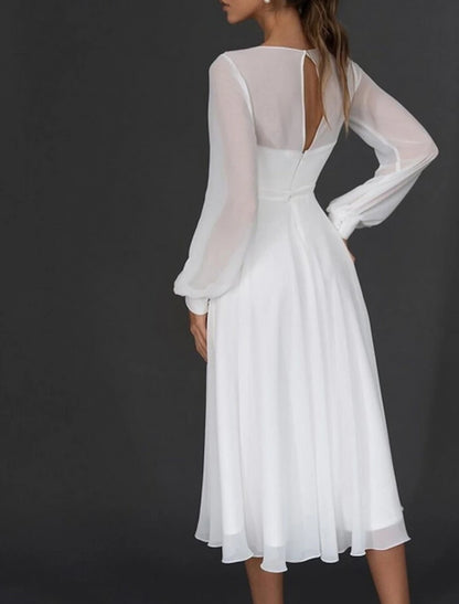 Reception Little White Dress Bridal Shower Dresses Wedding Dresses A-Line V Neck Long Sleeve Tea Length Chiffon Bridal Gowns With Pleats