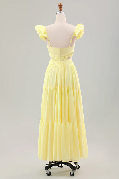 Simple Lemon Yellow A Line Pleated Ruffled Wedding Guest Dress