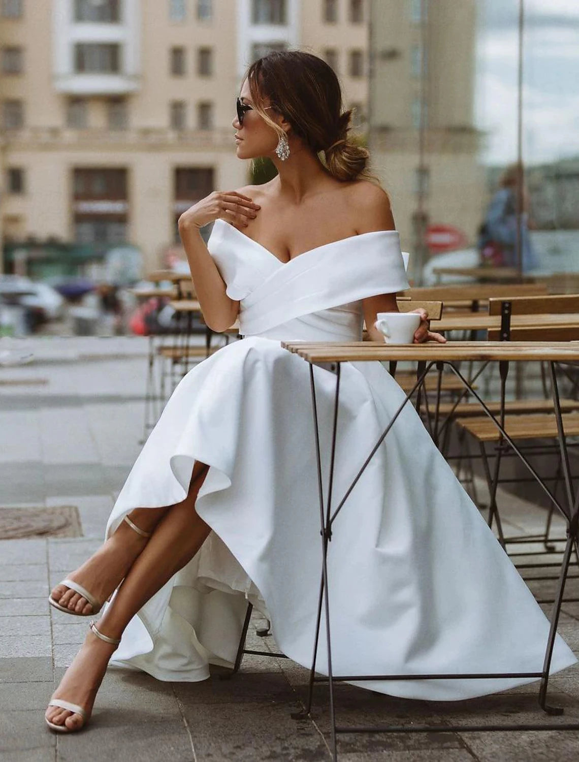 Simple Wedding Dresses Satin Little White Dresses A-Line Off Shoulder Formal Short Sleeve Tea Length Bridal Gowns With Solid Color