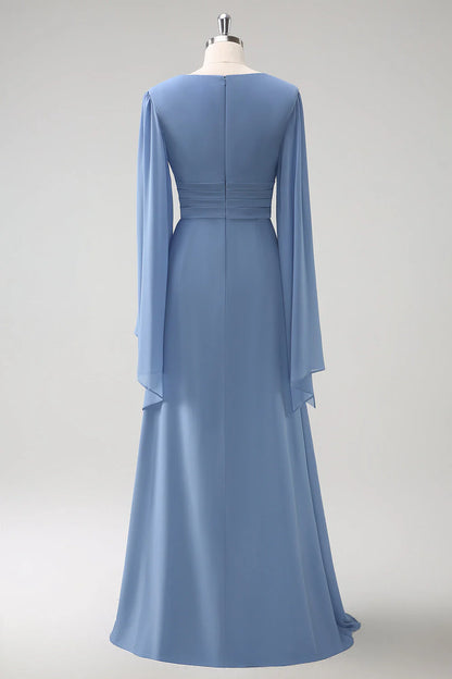 Grey Blue A Line Long Sleeves Chiffon Bridesmaid Dress With Slit