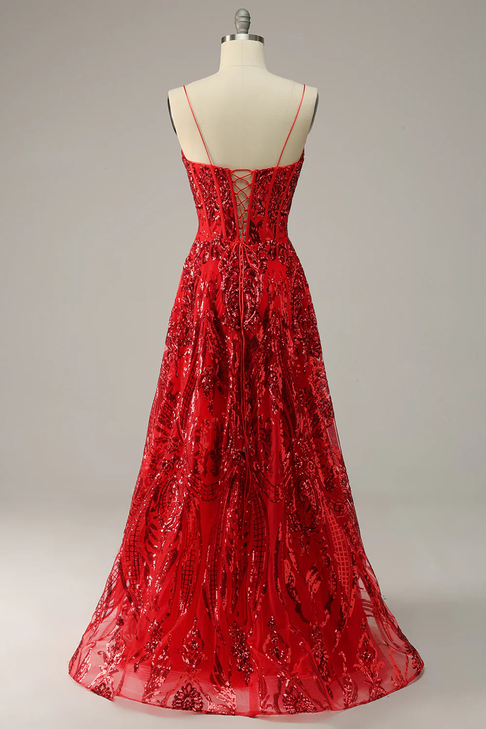 Red Spaghetti Straps Sequin Prom Dress