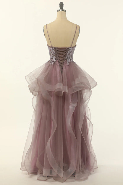 Tulle Purple Grey Spaghetti Straps Prom Dress With Appliques