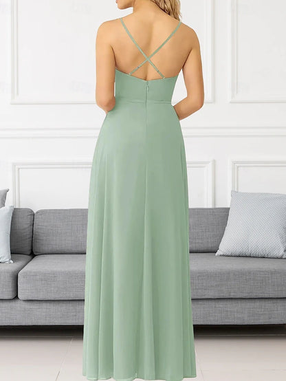 A-Line Bridesmaid Dress V Neck / Spaghetti Strap Sleeveless Elegant Floor Length Chiffon with Ruffles / Split Front / Ruching