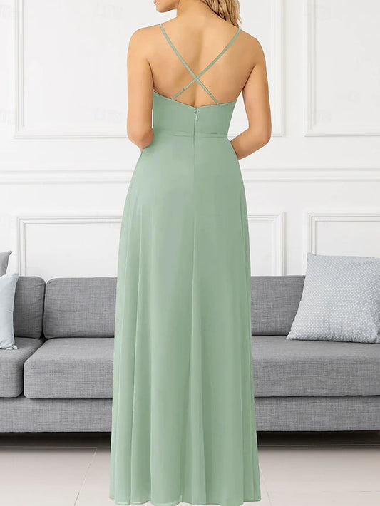 A-Line Bridesmaid Dress V Neck / Spaghetti Strap Sleeveless Elegant Floor Length Chiffon with Ruffles / Split Front / Ruching