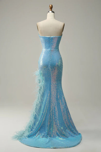 Blue Strapless Feather Prom Dress With Slit