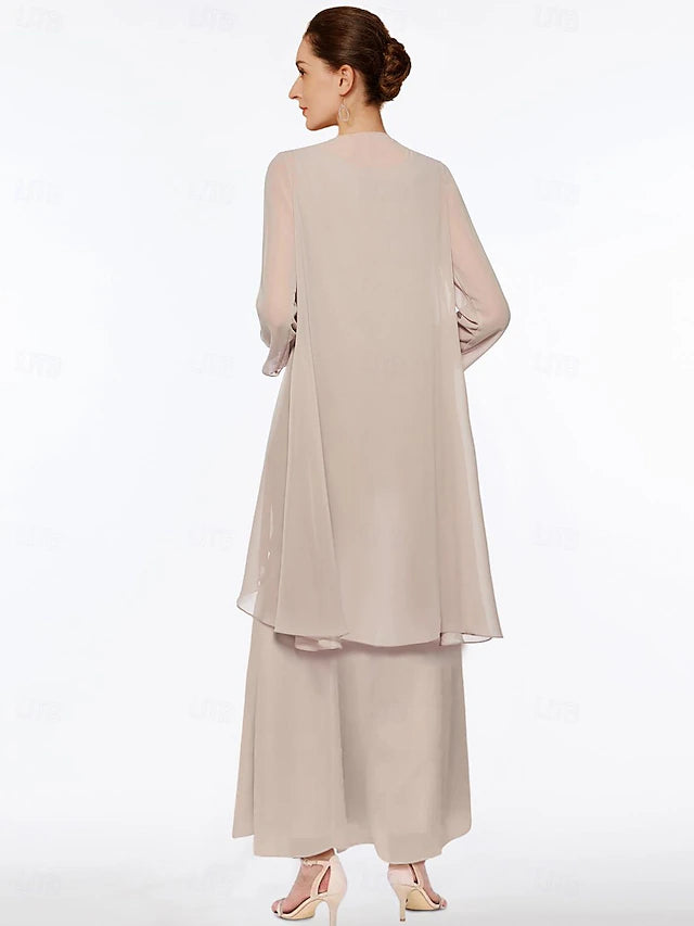 Beach Wedding Sheath Mother of the Bride Dress Elegant Simple V Neck Ankle Length Chiffon Sleeveless with Tier Solid Color