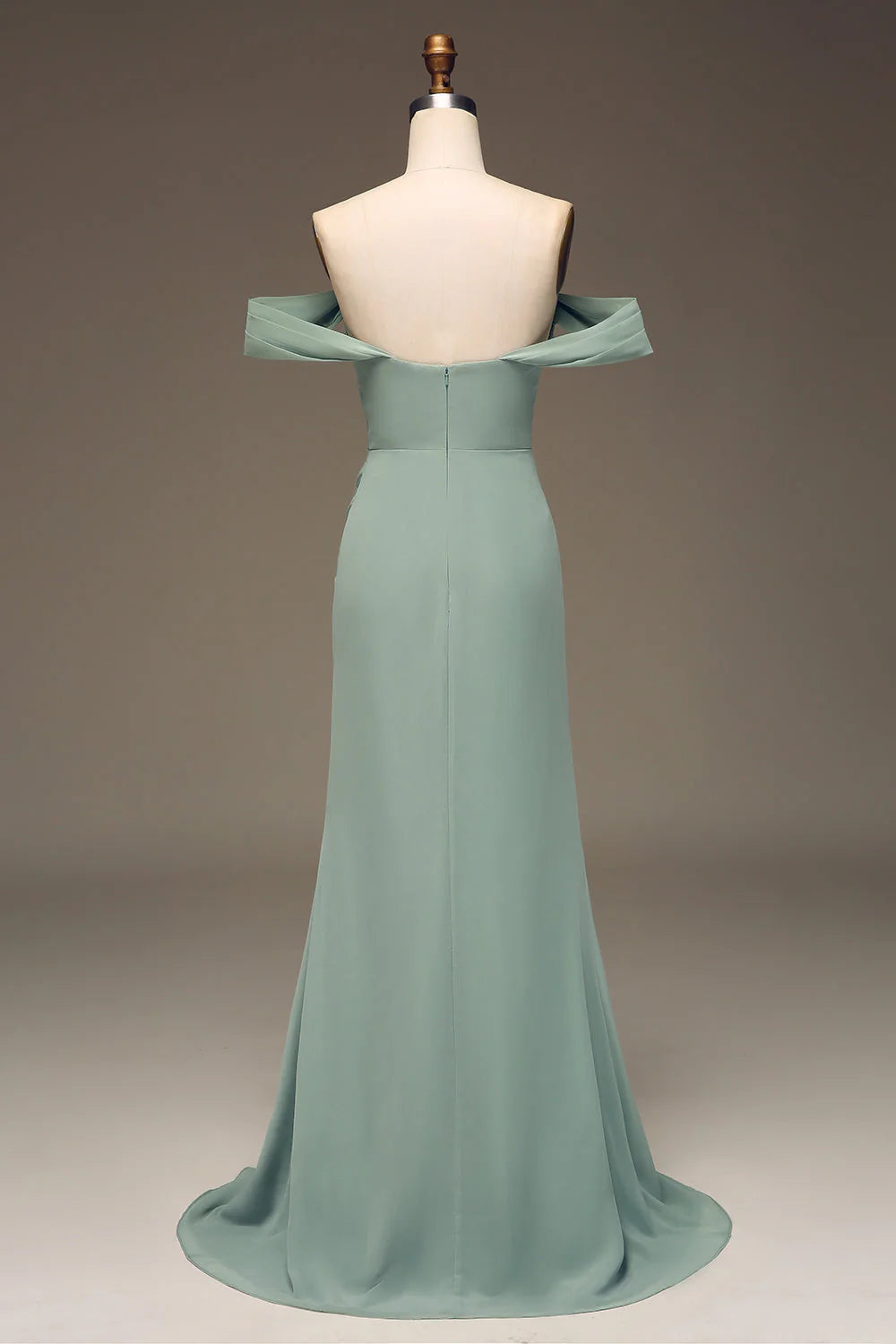 Dusty Sage Off the Shoulder Sheath Chiffon Pleated Long Bridesmaid Dress