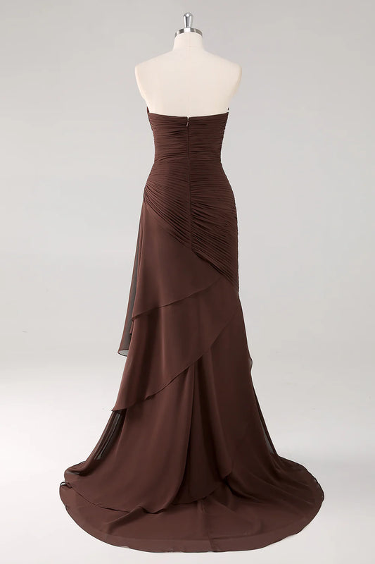 Dark Brown Sweetheart Ruched Long Formal Dress with Ruffles