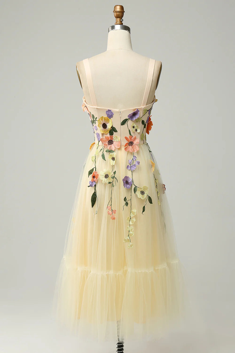 A-Line Flower Champagne Tea-Length Prom Dress