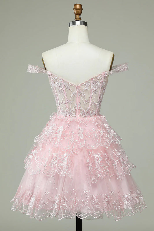 Pink Off the Shoulder Corset Homecoming Dress with Lace