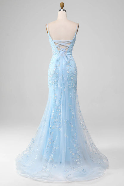 Sparkly Light Blue Beaded Mermaid Long Prom Dress