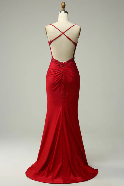 Mermaid Dark Red Satin Spaghetti Straps Prom Dress