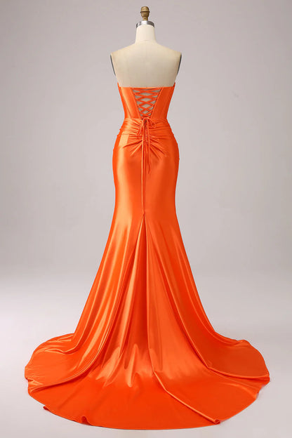 Orange Mermaid Sweetheart Corset Long Sparkly Prom Dress With Slit