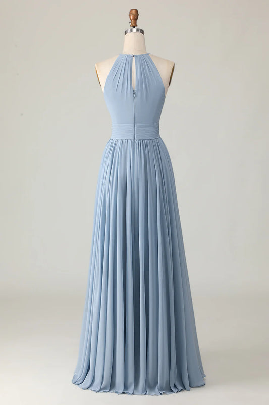 Dusty Blue Ruched Chiffon Halter Long Bridesmaid Dress with Keyhole