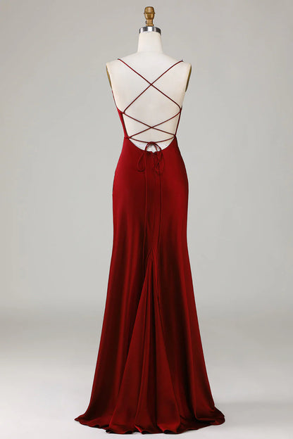 Lace-Up Back Burgundy Long Bridesmaid Dress With Slit