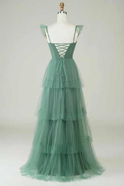 A Line Spaghetti Straps Long Tulle Eucalyptus Bridesmaid Dress