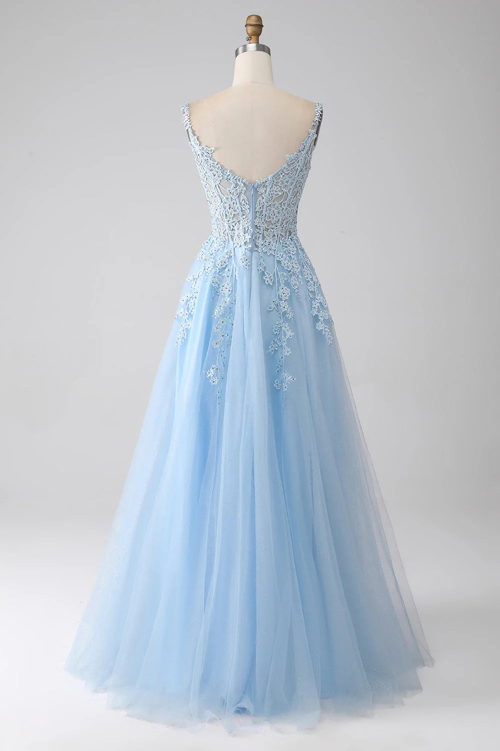 A-Line Light Blue Corset Prom Dress With Appliques