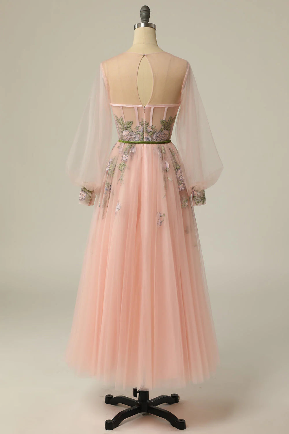 A Line Jewel Light Nude Long Prom Dress With Embroidery