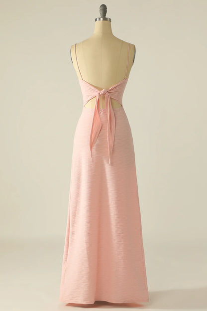 Pink Spaghetti Straps Cut Out Wedding Guest Dress With Bow