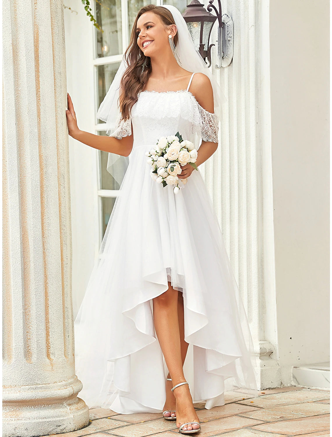 Reception Little White Dresses Wedding Dresses A-Line Off Shoulder Short Sleeve Asymmetrical Lace Bridal Gowns With Lace Draping