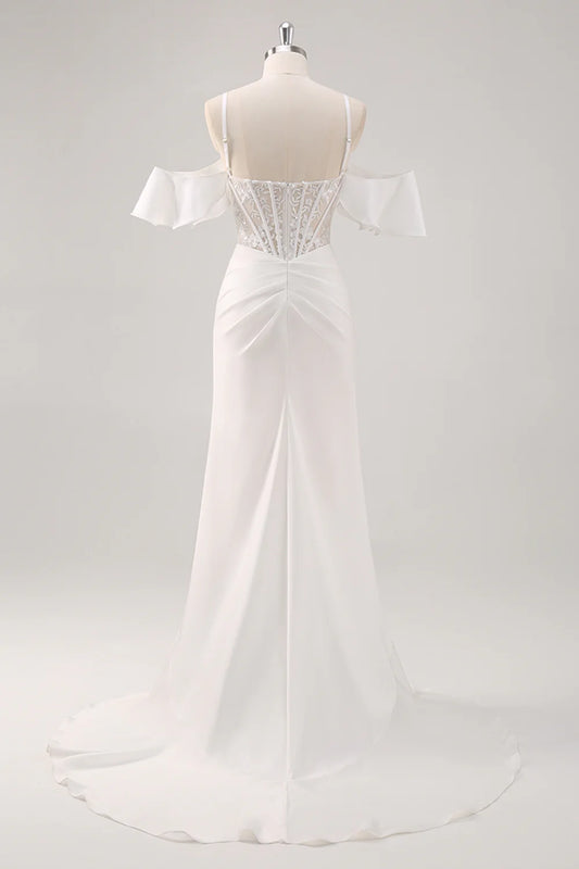 Cold Shoulder White Lace Corset Prom Dress with Slit