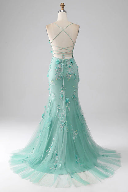 Green Mermaid Spaghetti Straps Long Prom Dress With Appliques