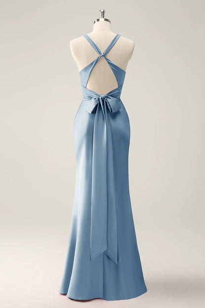 Dusty Blue Mermaid V Neck Satin Long Bridesmaid Dress