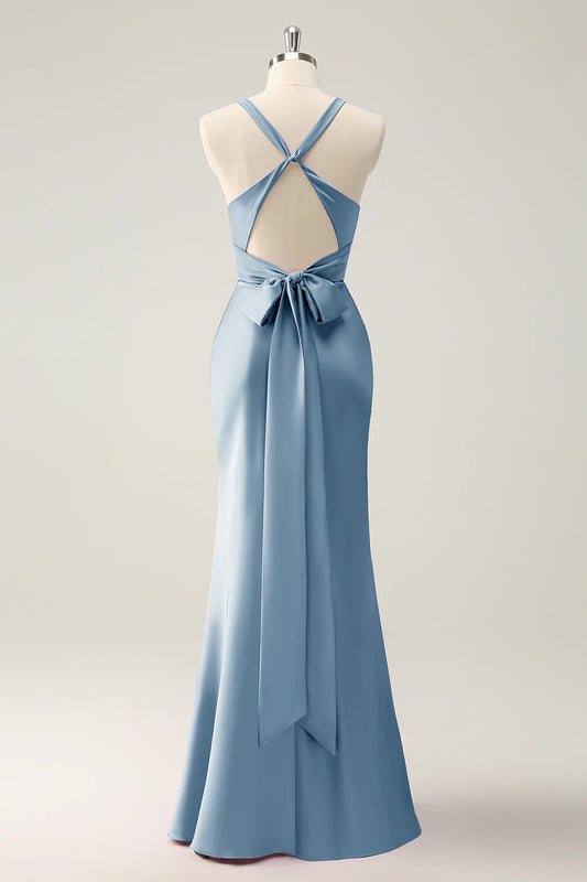 Dusty Blue Mermaid V Neck Satin Long Bridesmaid Dress