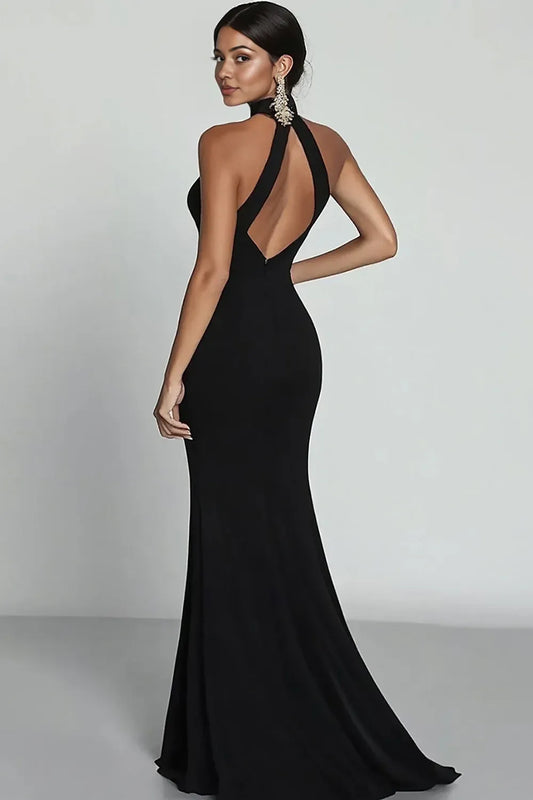 Taooobao™ Black Mermaid Halter Neck Satin Long Formal Dress