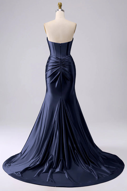 Sparkly Dark Navy Mermaid Sweetheart Corset Long Prom Dress with Slit