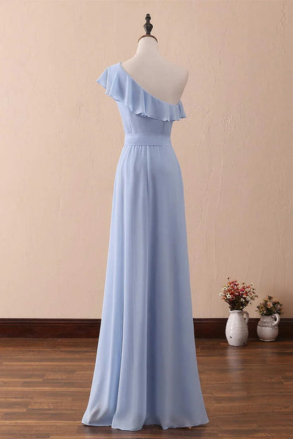 One-Shoulder Ruffled A-Line Long Bridesmaid Dress