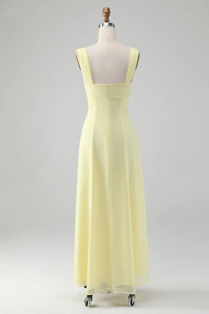 Lemon Yellow Keyhole A Line Long Bridesmaid Dress