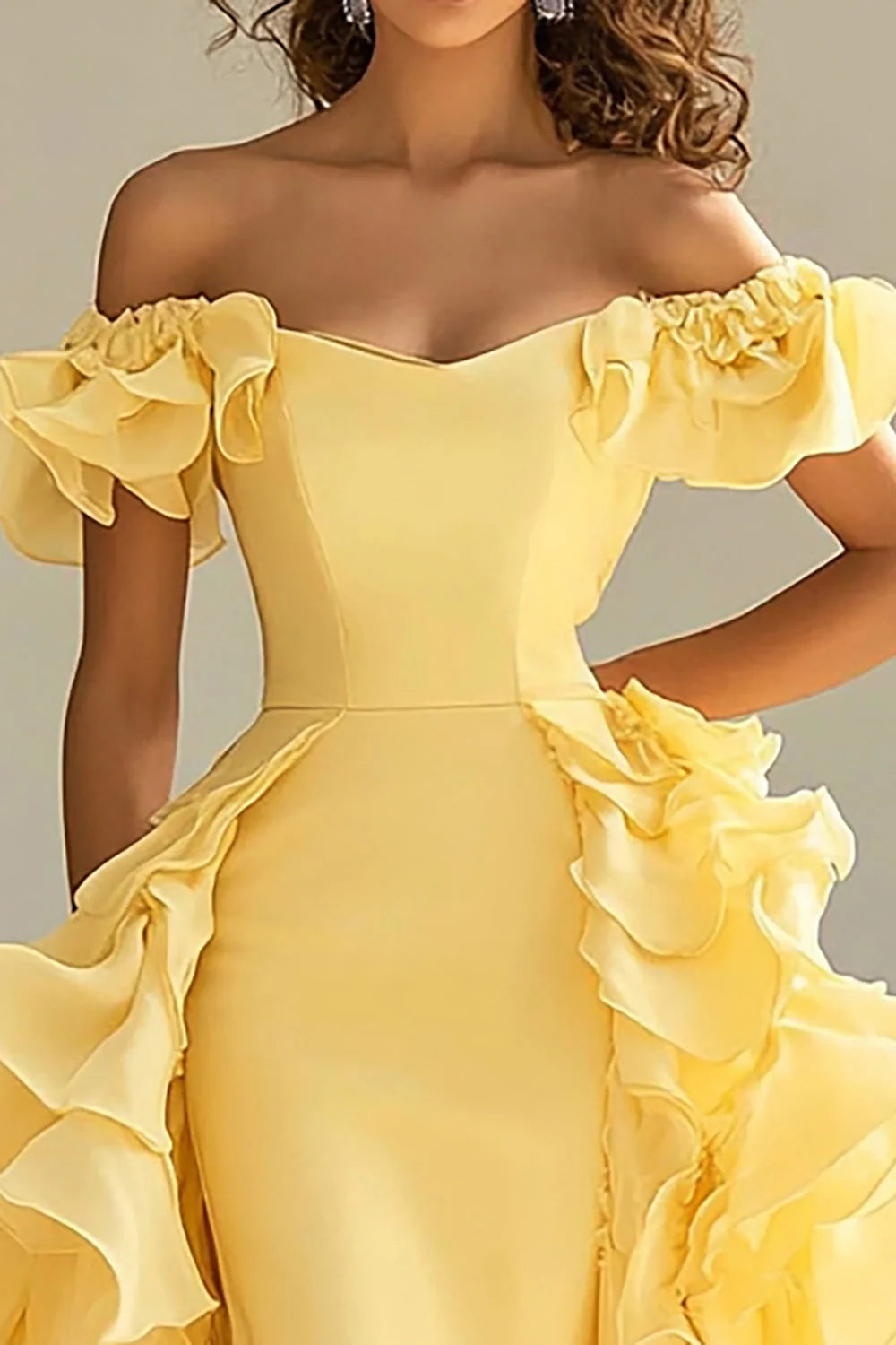 Yellow Satin Long Off the Shoulder Prom Dress with Ruffles