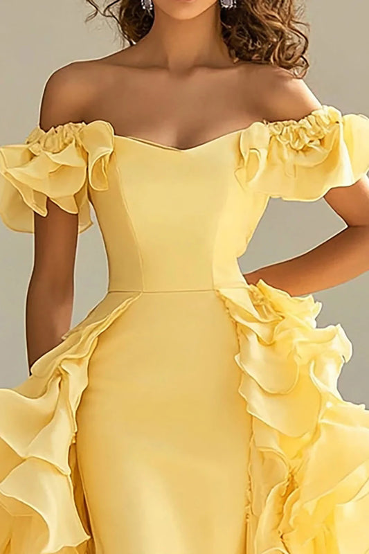 Yellow Satin Long Off the Shoulder Prom Dress with Ruffles