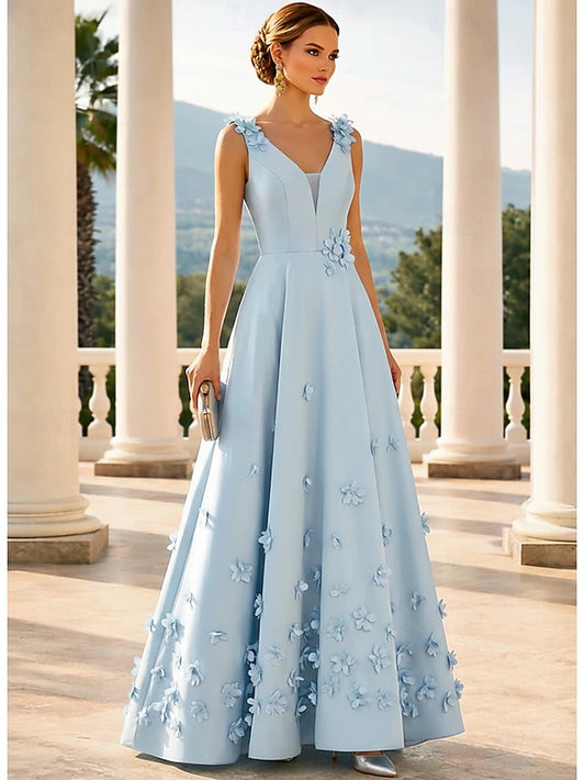 A-Line Floor Length Evening Gown Formal Dress Elegant Pastel Casual / Daytime Wedding Sleeveless V Neck Wedding Formal Satin with 3D Flowers