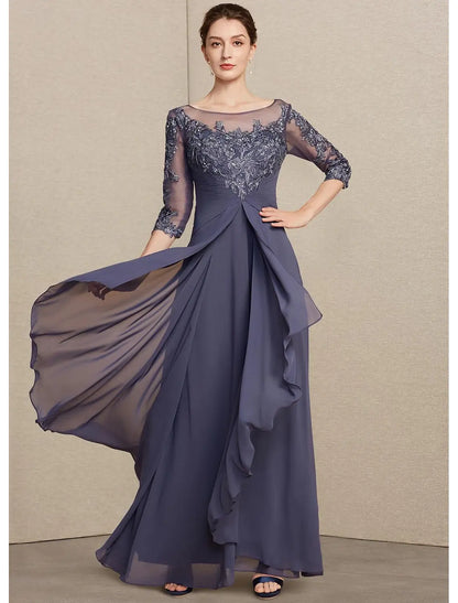 A-Line Mother of the Bride Dress Elegant V Neck Floor Length Chiffon Lace 3/4 Length Sleeve with Ruffles Appliques