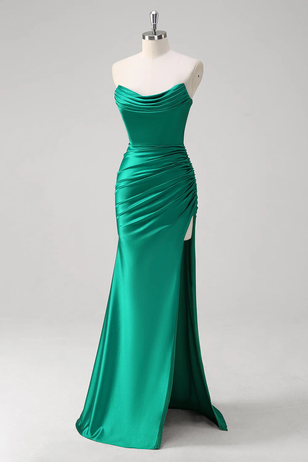 Green Mermaid Ruched Strapless Long Bridesmaid Dress with Slit