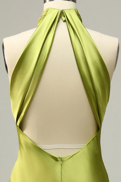 Halter Open Back Lemon Green Long Bridesmaid Dress