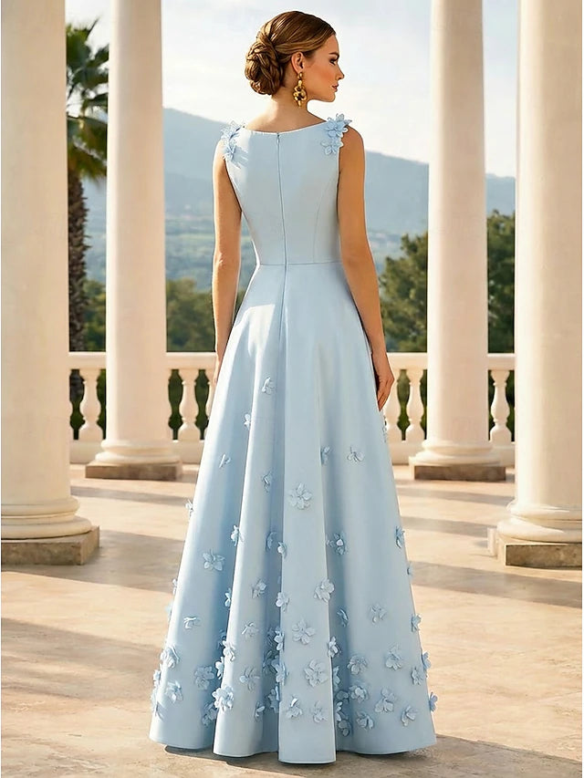 A-Line Floor Length Evening Gown Formal Dress Elegant Pastel Casual / Daytime Wedding Sleeveless V Neck Wedding Formal Satin with 3D Flowers