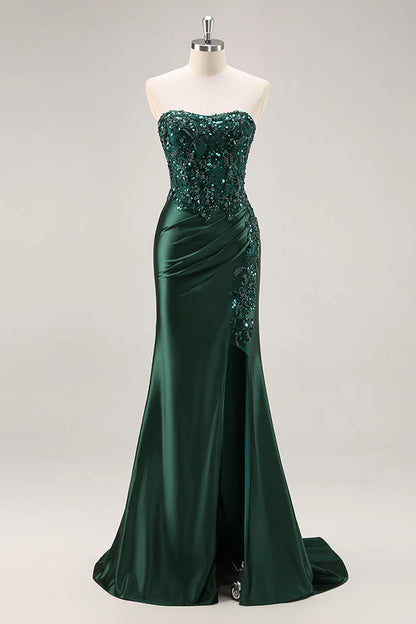 Sparkly Dark Green Corset Satin Mermaid Long Prom Dress with Slit