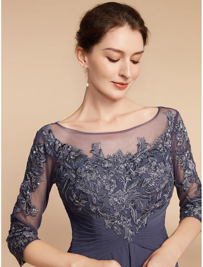 A-Line Mother of the Bride Dress Elegant V Neck Floor Length Chiffon Lace 3/4 Length Sleeve with Ruffles Appliques