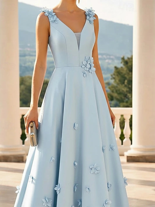 A-Line Floor Length Evening Gown Formal Dress Elegant Pastel Casual / Daytime Wedding Sleeveless V Neck Wedding Formal Satin with 3D Flowers