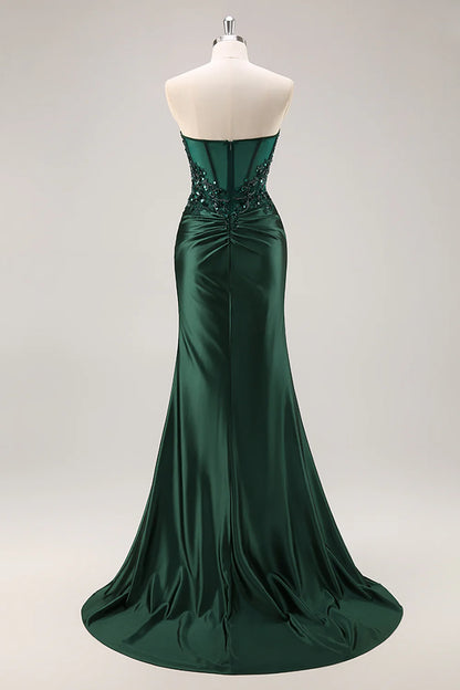 Sparkly Dark Green Corset Satin Mermaid Long Prom Dress with Slit