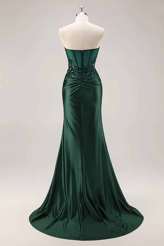 Sparkly Dark Green Corset Satin Mermaid Long Prom Dress with Slit
